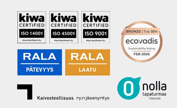 E. Hartikainen, ISO sertifioitu yritys, 0 tapaturmaa foorumin jäsen, kaivosteollisuuus ry:n jäsen, RALA pätevyys ja RALA Laatu